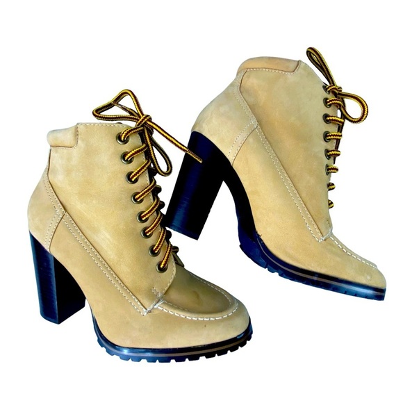 Colin Stuart light brown combat block heel lace up ankle boots women's sz - Picture 1 of 11